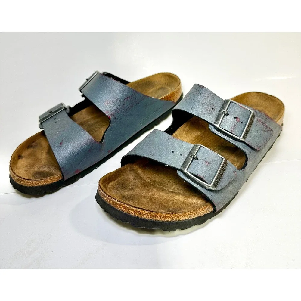 Birkenstock Arizona Sandals Distressed Blue Red Two Strap Slides approx 39